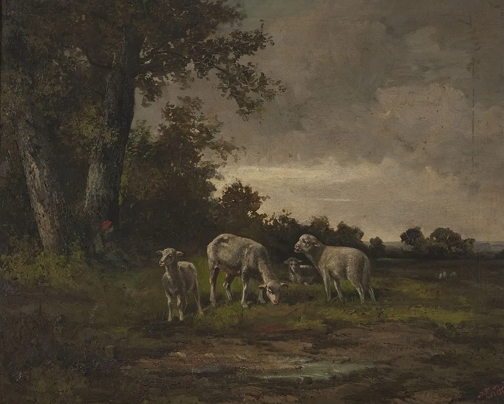 Sheep In The Meadow At The Forest Edge Wall Art by Michał Elwiro Andriolli - High-Resolution Digital Print