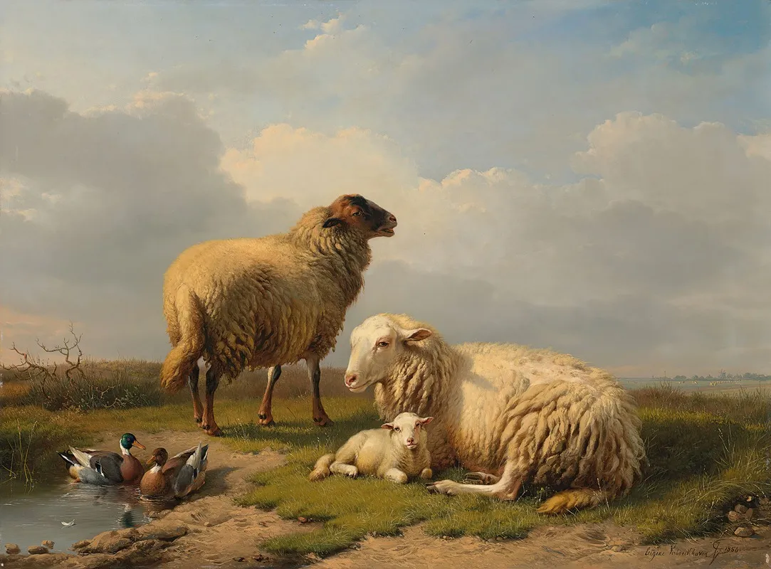 Sheep Lamb And Ducks By A Pond
