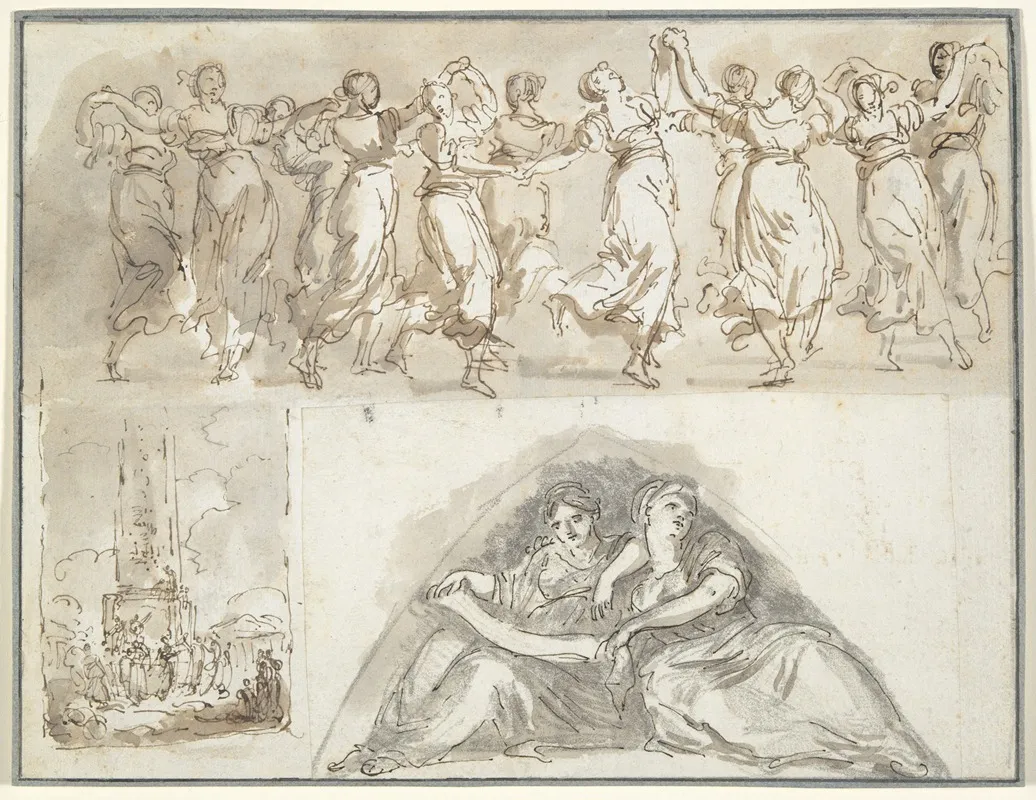 Sheet Of Sketches Frieze Of Dancing Women Dancing Women At The Foot Of An Obelisk And Two Seated Female Figures In A Pendentive Wall Art by Hubert Robert - High-Resolution Digital Print
