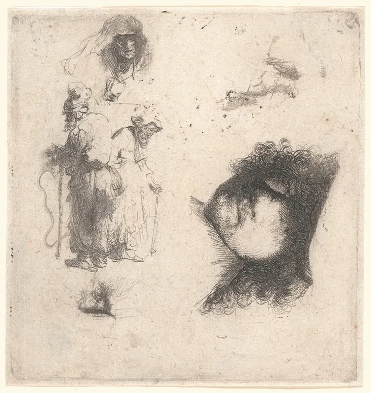 Sheet Of Studies Head Of The Artist A Beggar Couple Heads Of An Old Man And Old Woman Wall Art by Rembrandt van Rijn - High-Resolution Digital Print