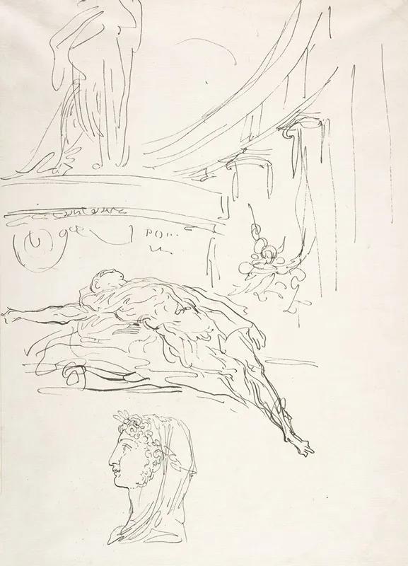Sheet Of Studies Including A Roman Head A Male Figure On A Pyre And A Colonnade Wall Art by Luis Paret y Alcázar - High-Resolution Digital Print
