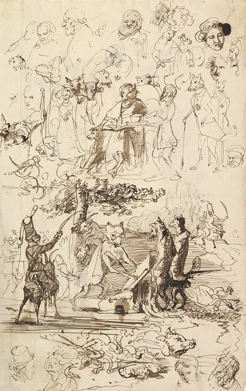 Sheet Of Studies Including For Reineke Fuchs Wall Art by Wilhelm von Kaulbach - High-Resolution Digital Print