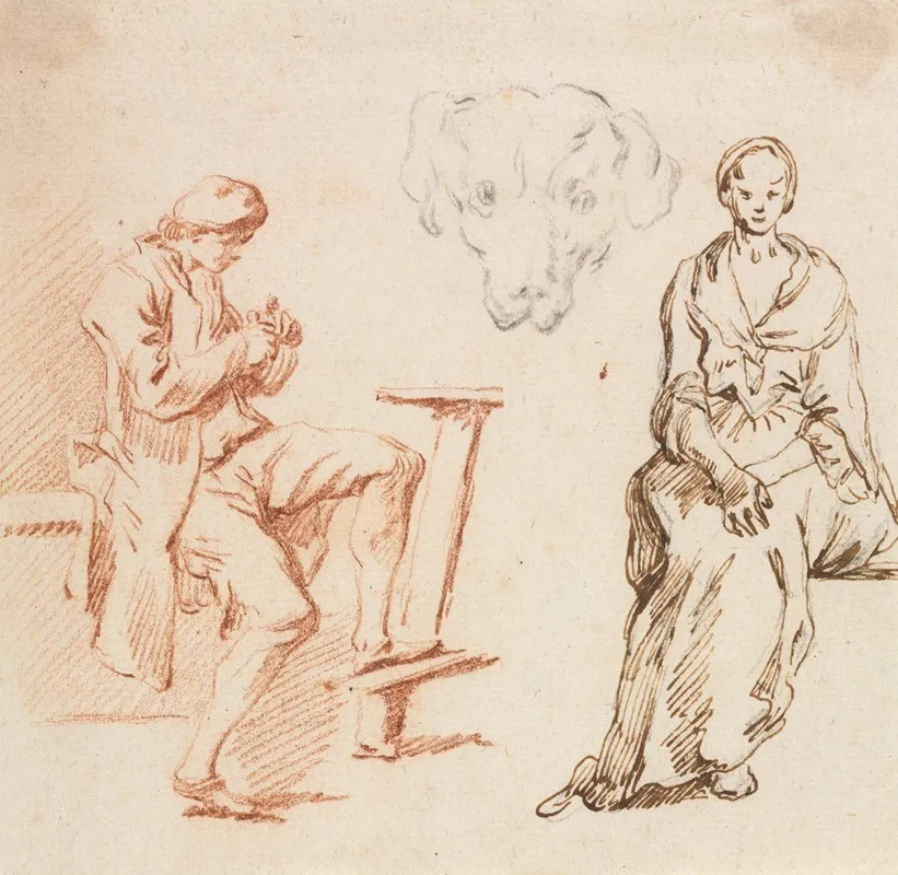 Sheet Of Studies Seated Man Head Of A Dog Seated Woman Wall Art by Claude-Joseph Vernet - High-Resolution Digital Print
