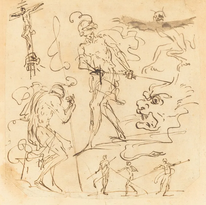 Sheet Of Studies With A Soldier Drawing A Sword A Crucifix Monstrous Animals And Other Figures Wall Art by Neapolitan 17th Century - High-Resolution Digital Print