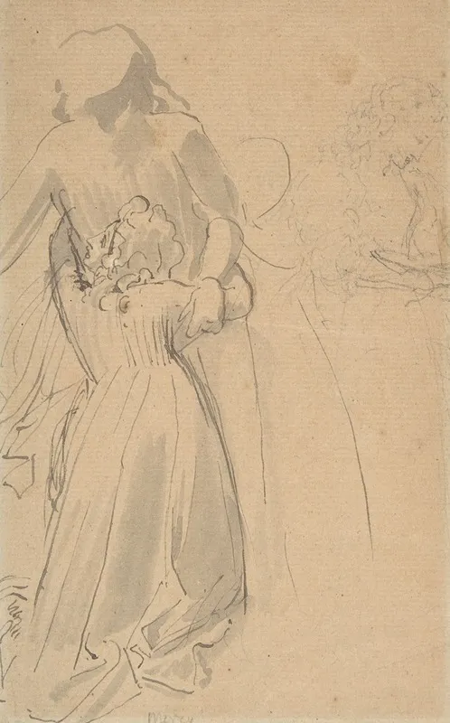 Sheet Of Studies With Female Figure Kneeling And Embracing Standing Figure