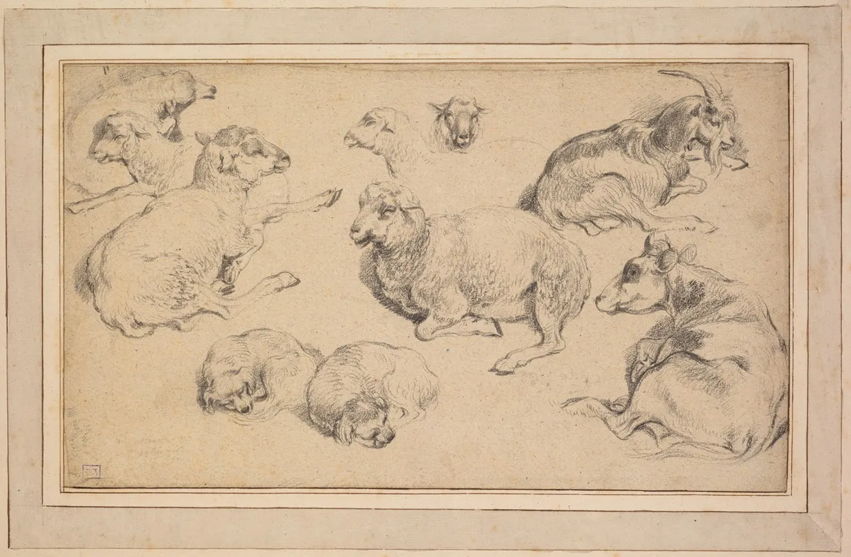 Sheet Of Studies With Sheep Goats And Dogs 2 Wall Art by Jean-Baptiste Marie Hüet - High-Resolution Digital Print