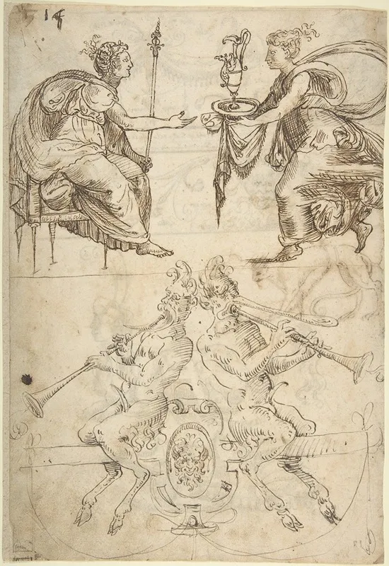 Sheet With Multiple Designs Figurative Scene With Two Women Top And Two Satyrs Playing Horns Seated Back To Back Bottom Wall Art by Andrés de Melgar - High-Resolution Digital Print