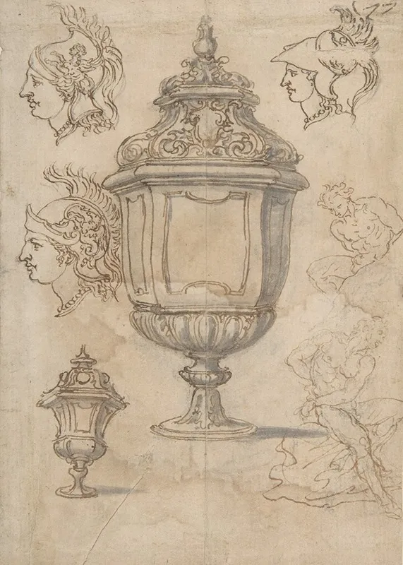 Sheet With Sketches And Designs For Two Vases Three Classical Heads En Profil And Two Slave Figures