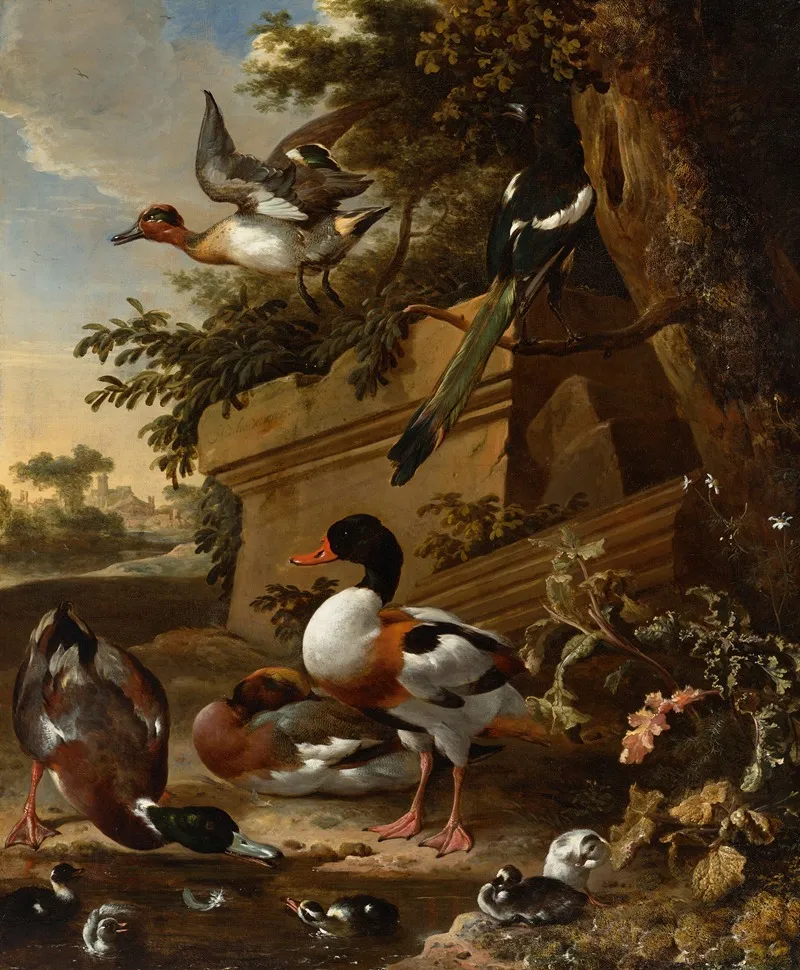 Sheldrake Ducks And Ducklings With A Magpie In A Garden A Village Beyond Wall Art by Melchior d'Hondecoeter - High-Resolution Digital Print