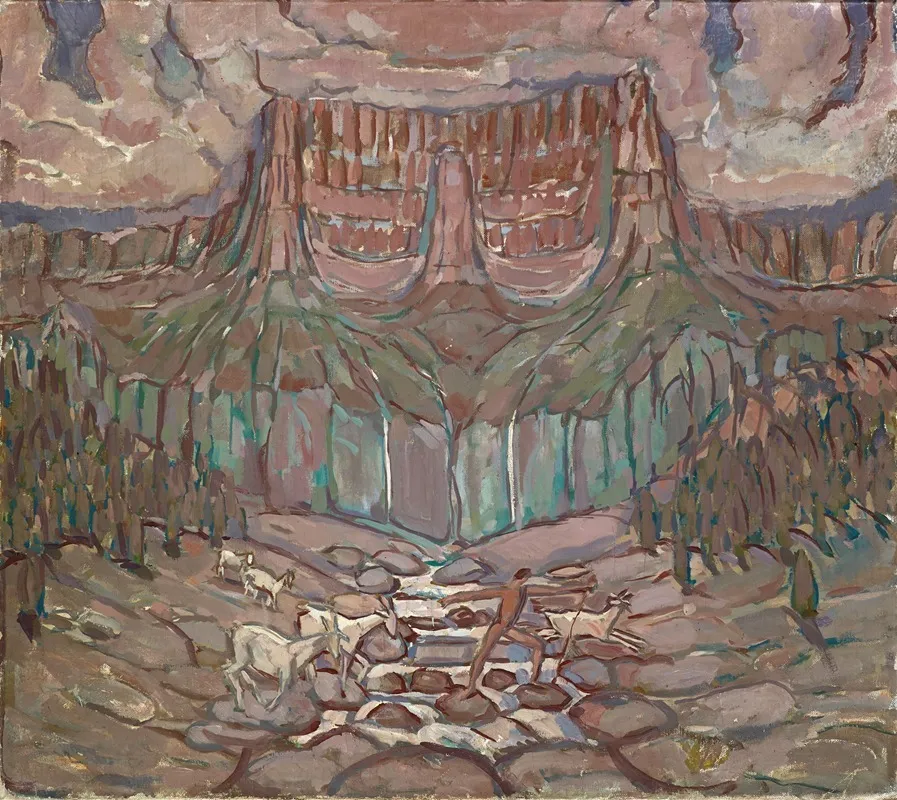 Shepherd And Flock Crossing A River In The Mountains