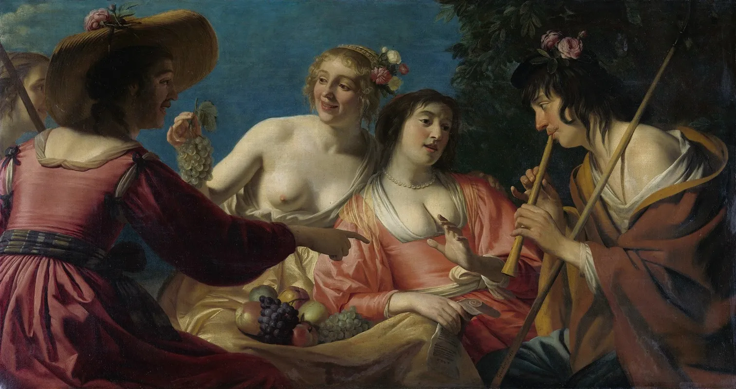Shepherd Playing The Fluteand Four Shepherdesses Wall Art by Gerard van Honthorst - High-Resolution Digital Print