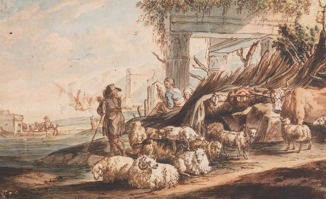 Shepherd With A Flock Of Sheep And A Cow Among Ruins