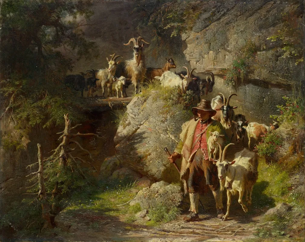 Shepherd With Flock Of Goats Wall Art by Josef Anton Braith - High-Resolution Digital Print