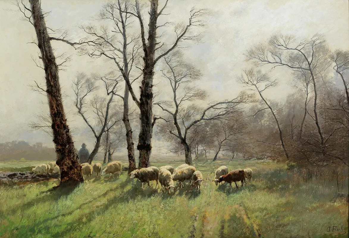 Shepherd With His Flock In The Evening Light Wall Art by August Fink - High-Resolution Digital Print