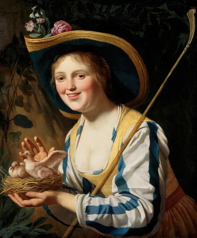 Shepherdess With Pigeons Wall Art by Gerard van Honthorst - High-Resolution Digital Print