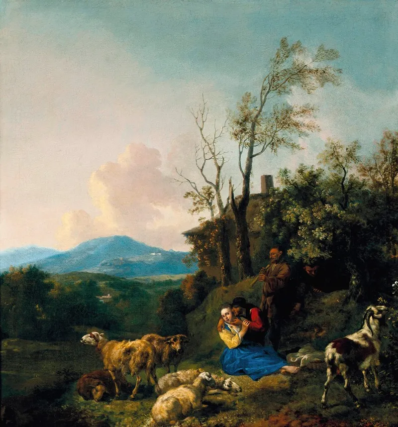 Shepherds And Their Flock In A Vast Landscape Wall Art by Jan Baptist Wolfaerts - High-Resolution Digital Print