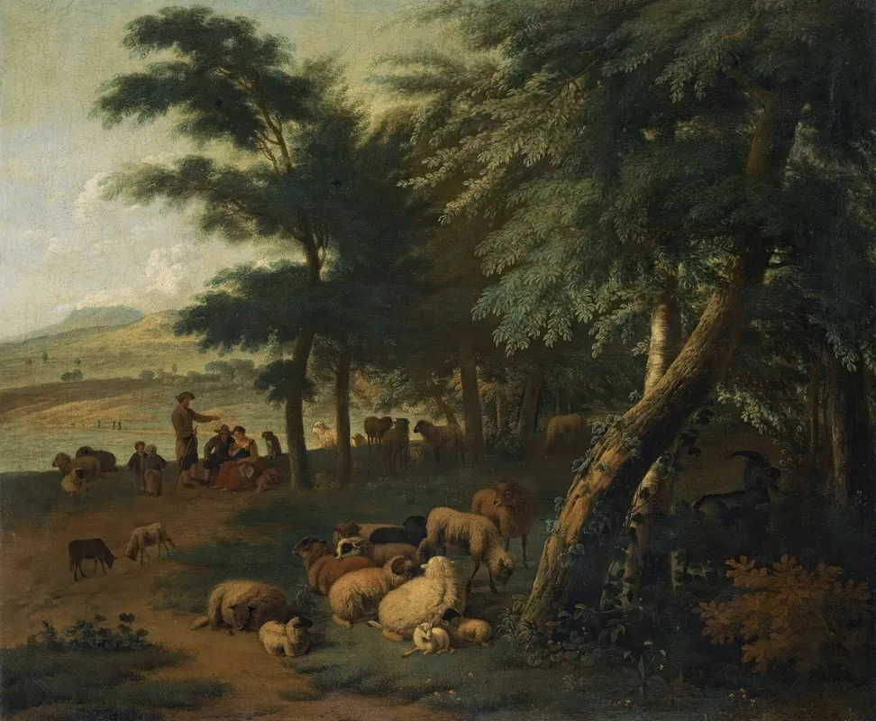 Shepherds Resting With Their Flock At The Edge Of A Wood Wall Art by Jan van der Meer the Younger - High-Resolution Digital Print