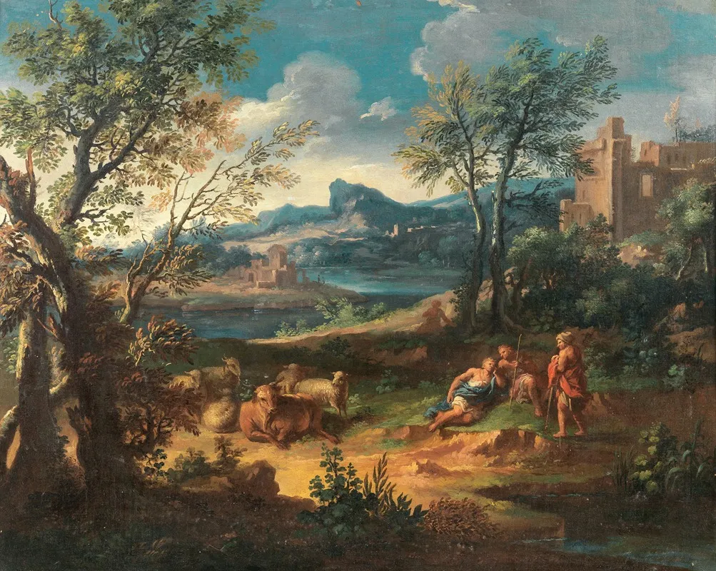Shepherds Resting With Their Flock By A River Wall Art by Michele Pagano - High-Resolution Digital Print