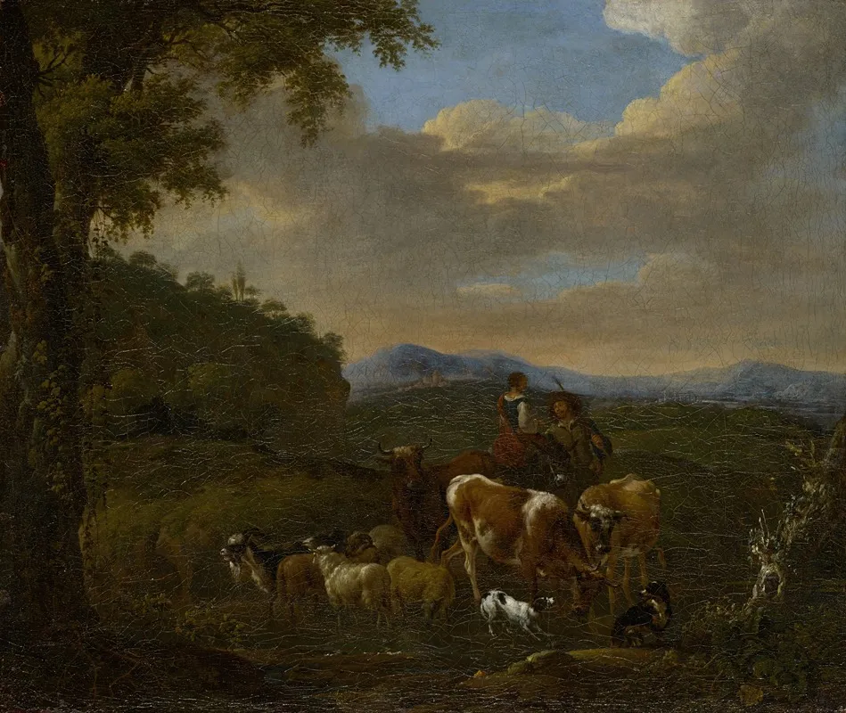 Shepherds With Cows Sheep And Goats Wall Art by Johan le Ducq - High-Resolution Digital Print