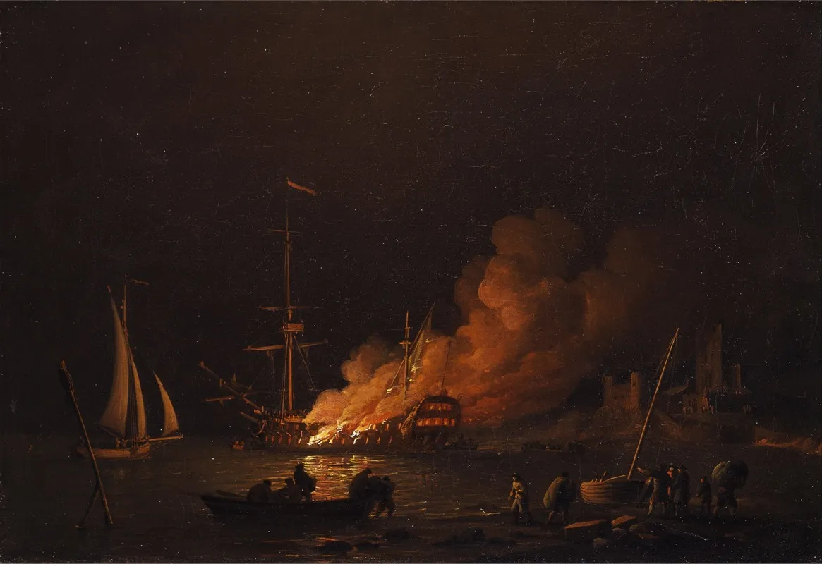 Ship On Fire At Night Wall Art by Charles Brooking - High-Resolution Digital Print