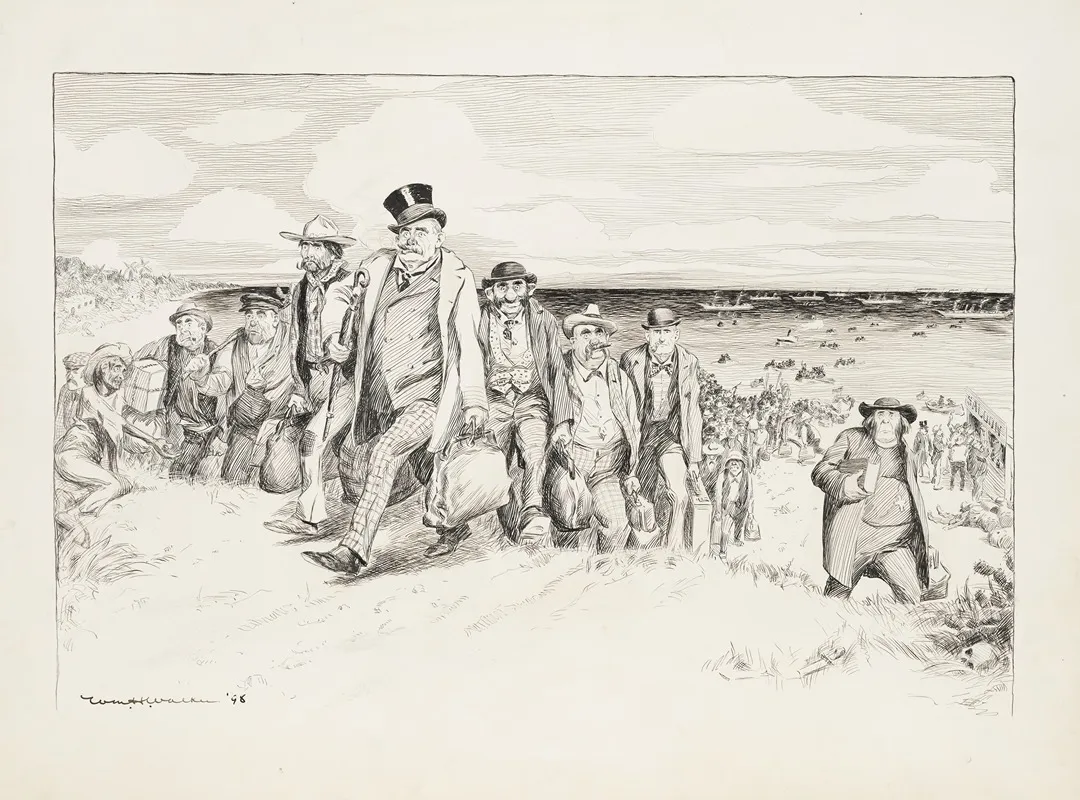 Shiploads Of Men Possibly Irish Land On A Shore The First Place Many Stop Is A Saloon
