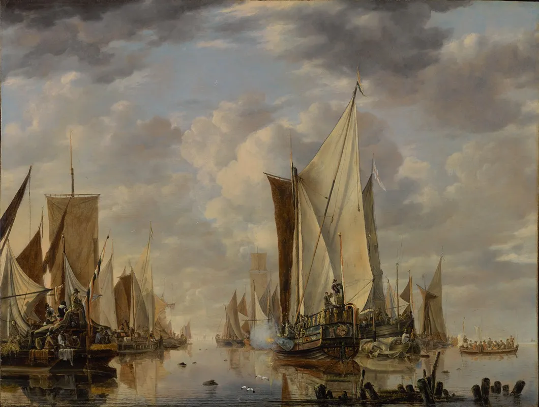 Shipping In A Calm At Flushing With A States General Yacht Firing A Salute Wall Art by Jan van de Cappelle - High-Resolution Digital Print
