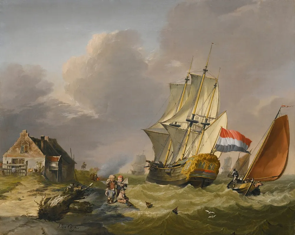 Shipping In A Storm Off The Coast Wall Art by Jan Van Os - High-Resolution Digital Print