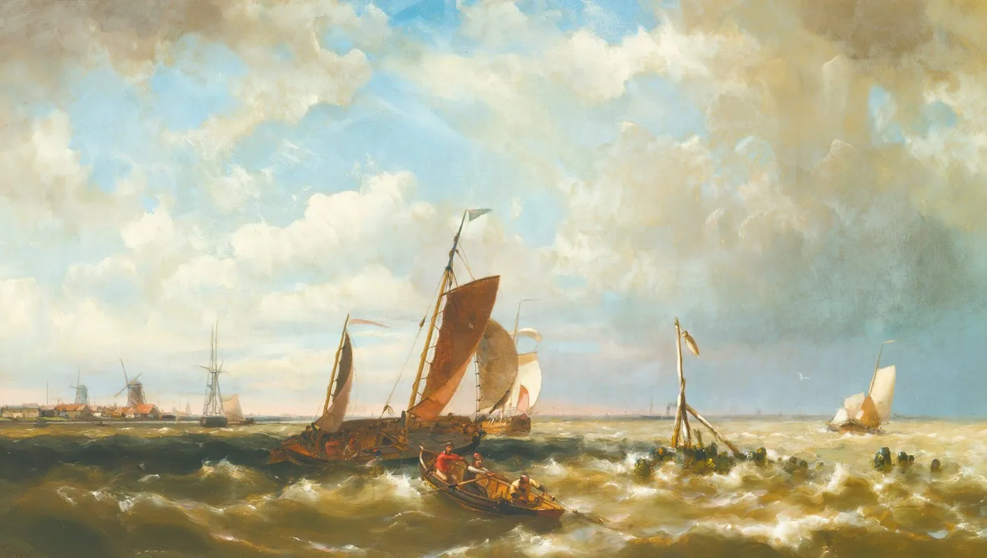 Shipping In An Estuary With Windmills In The Background Wall Art by Hermanus Koekkoek the Younger - High-Resolution Digital Print