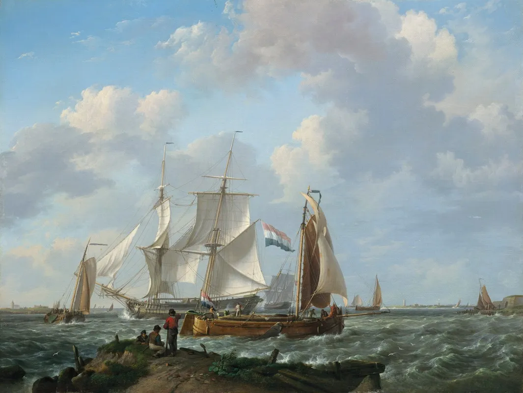 Ships In A Squall With Figures On Shore