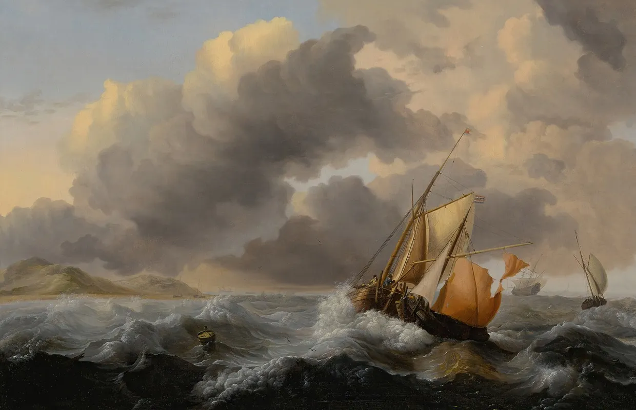 Ships In A Stormy Sea With A Dune Coast Beyond
