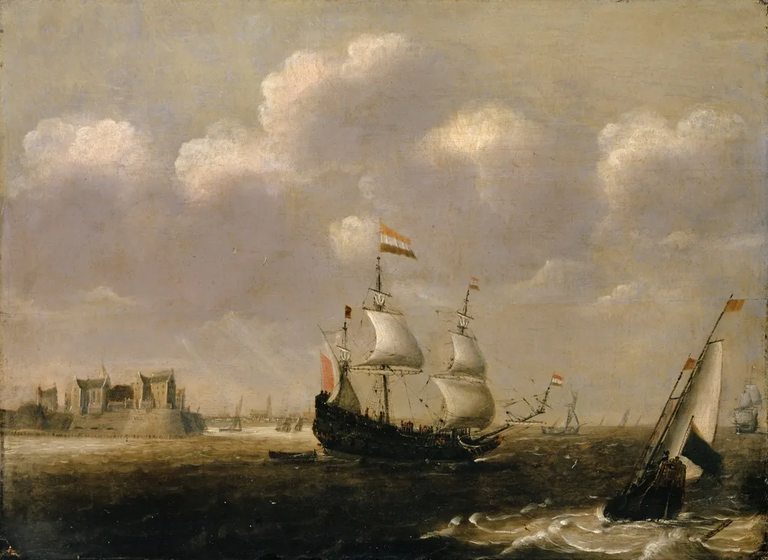 Ships In Front Of A Harbour Wall Art by Claes Claesz. Wou - High-Resolution Digital Print