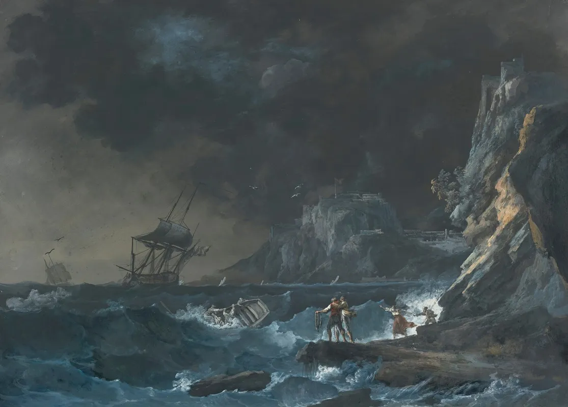 Ships On A Stormy Sea With Figures On The Shore Wall Art by Alexandre-Jean Noël - High-Resolution Digital Print