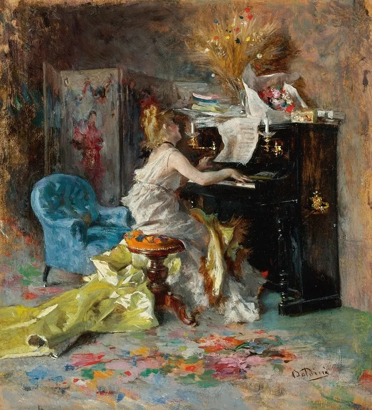 Signora Al Pianoforte Woman At A Piano Wall Art by Giovanni Boldini - High-Resolution Digital Print