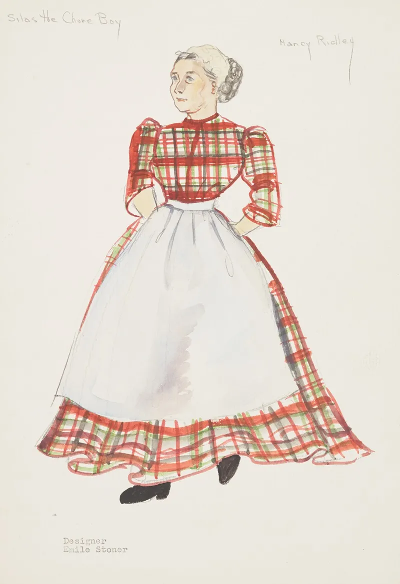 Silas The Chore Boy Nancy Ridley Red Plaid Dress White Apron And Black Shoes Wall Art by Emile Stoner - High-Resolution Digital Print
