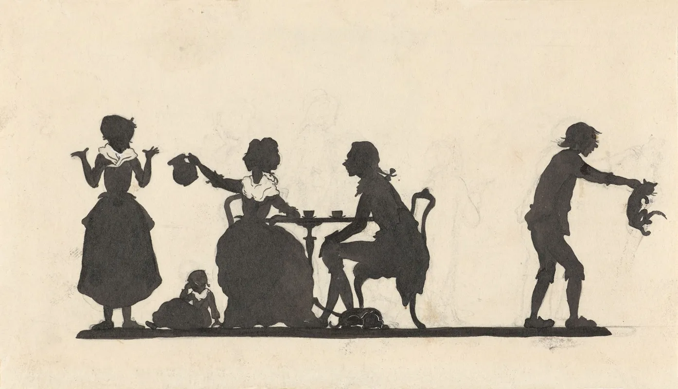Silhouet Van De Familie Die De Kat Het Huis Uitjaagt Wall Art by Nelly Bodenheim - High-Resolution Digital Print