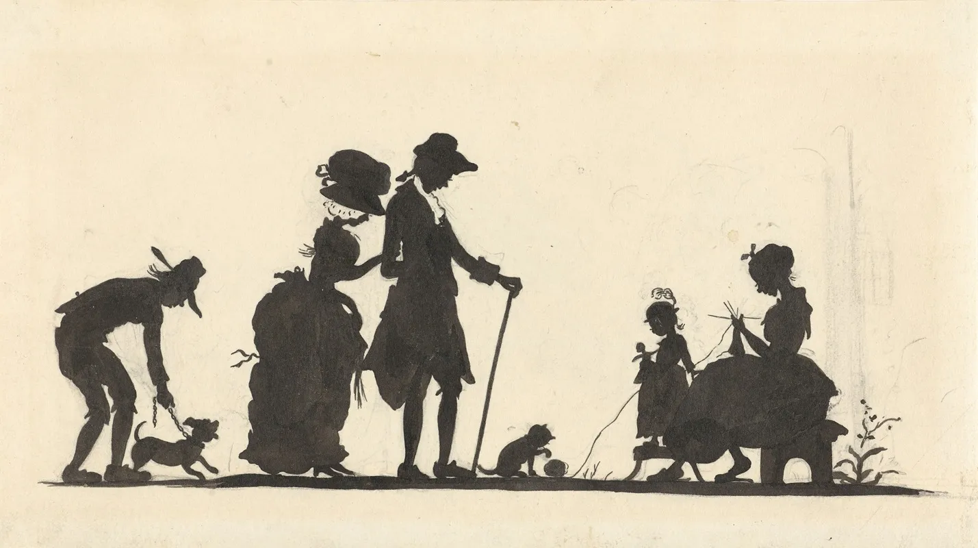 Silhouet Van De Familie Met De Hond En De Kat Wall Art by Nelly Bodenheim - High-Resolution Digital Print
