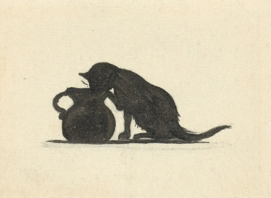 Silhouet Van Kat Die Uit Een Kan Drinkt Wall Art by Nelly Bodenheim - High-Resolution Digital Print