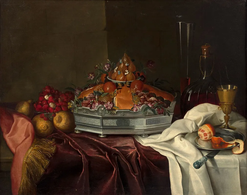 Silver Epergne With Candied Fruits And Brioche Wild Strawberries And Carafe On An Entablure Wall Art by Andrè Bouys - High-Resolution Digital Print