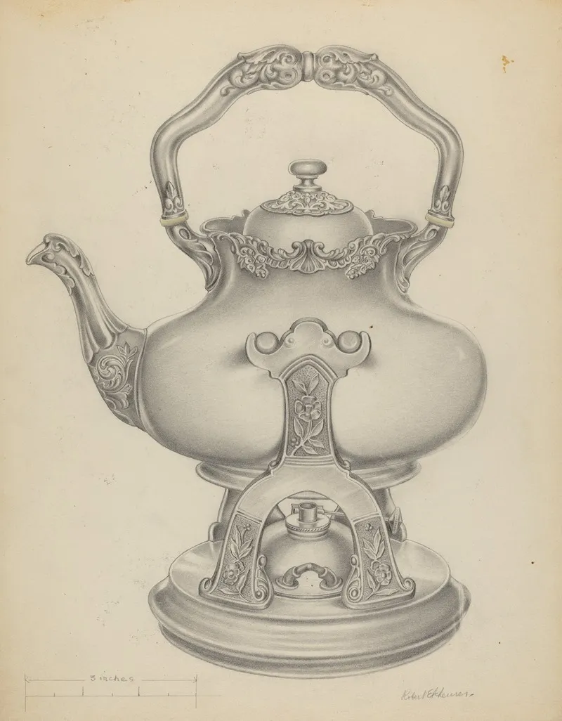 Silver Kettle With Lamp Stand Wall Art by R.E. Schearer - High-Resolution Digital Print