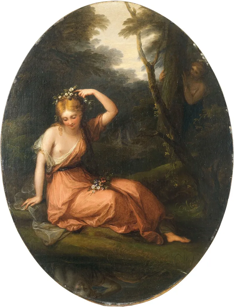 Silvia Decorating Herself With Flowers While Observed By Daphne Wall Art by Angelica Kauffmann - High-Resolution Digital Print