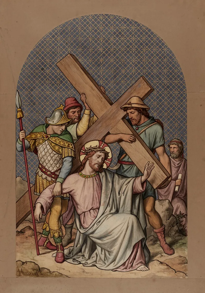 Simon Of Cyrene Helps Jesus Carry The Cross Wall Art by Joseph Hussenot - High-Resolution Digital Print