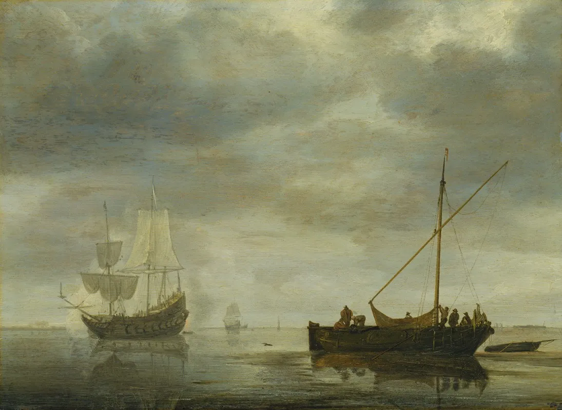 Single Master And Frigate Firing Salute On A Calm Sea