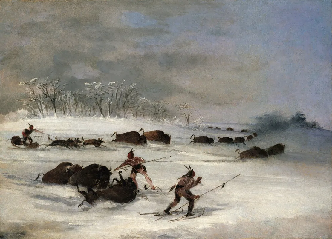 Sioux Indians On Snowshoes Lancing Buffalo