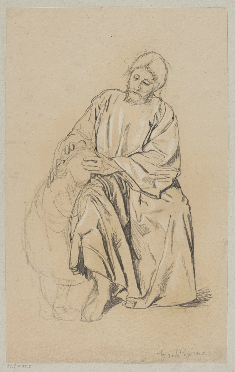 Sitting Christ Embracing A Child Cuddled To His Knees Wall Art by Hans Thoma - High-Resolution Digital Print