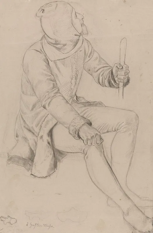 Sitting Man With Hood And Staff Wall Art by Adolph Tidemand - High-Resolution Digital Print