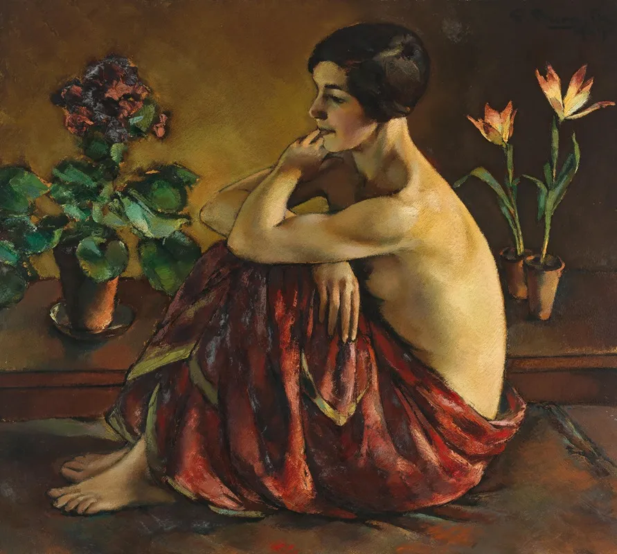 Sitting Nude With Red Scarf Wall Art by Egge Sturm-Skrla - High-Resolution Digital Print