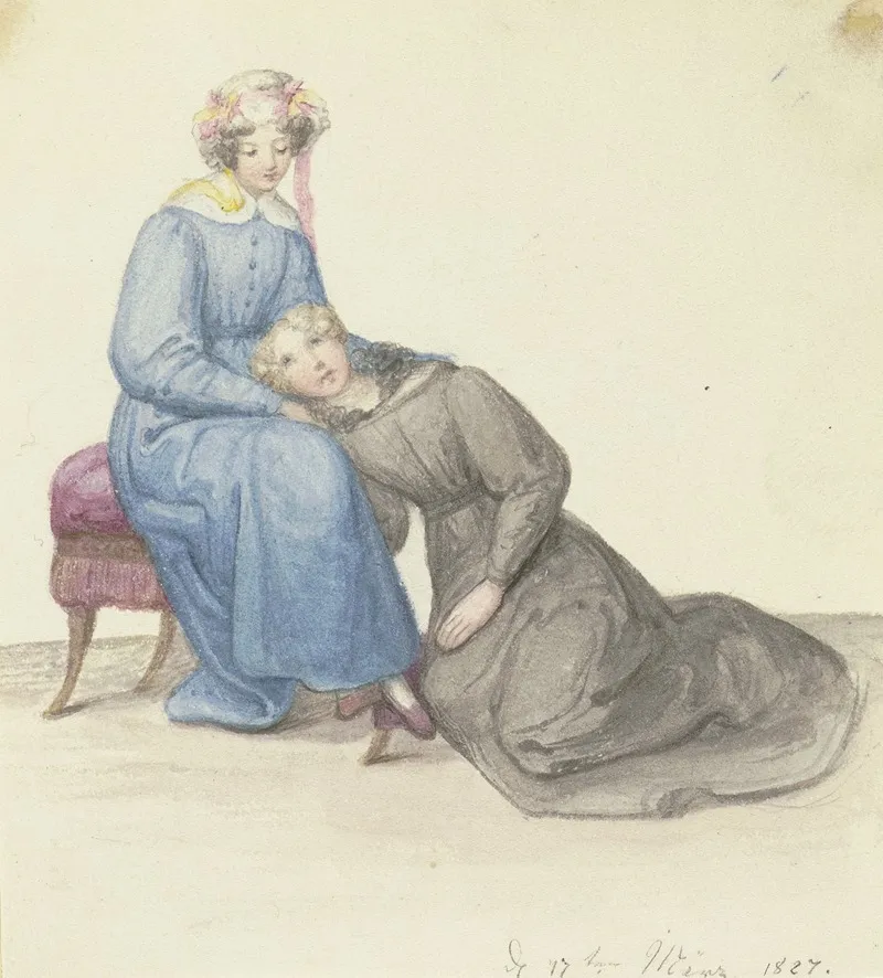 Sitzende Mutter An Ihren Schos Gelehnt Ein Junges Madchen Wall Art by Marie Ellenrieder - High-Resolution Digital Print