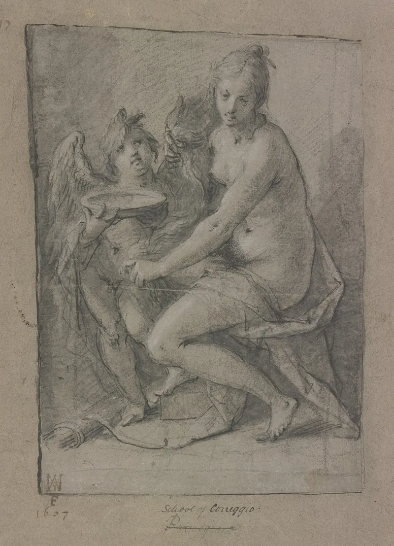 Sitzende Venus Und Stehender Amor Mit Schale Wall Art by Hans von Aachen - High-Resolution Digital Print