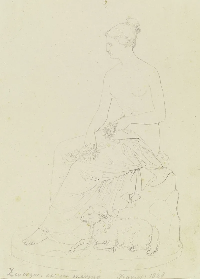 Sitzende Weibliche Figur Mit Blumen In Den Handen Zu Ihren Fusen Ein Lamm Wall Art by Johann Nepomuk Zwerger - High-Resolution Digital Print
