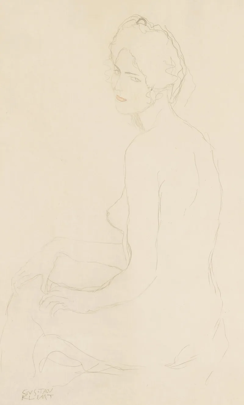 Sitzender Akt Nach Links Seated Nude Turned To The Left Wall Art by Gustav Klimt - High-Resolution Digital Print
